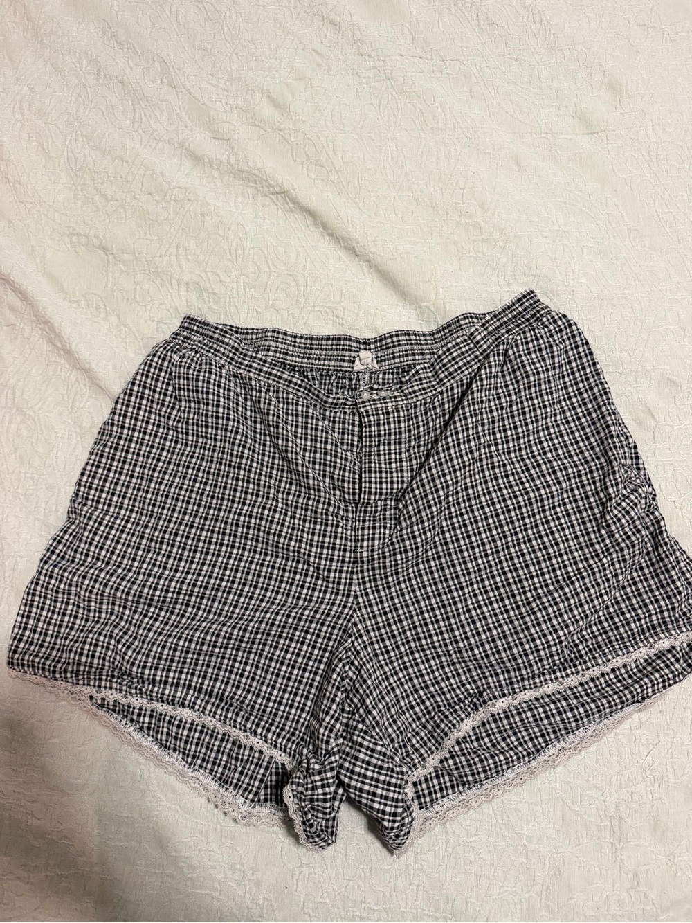 aerie Black and White Gingham Lace-Trim Shorts